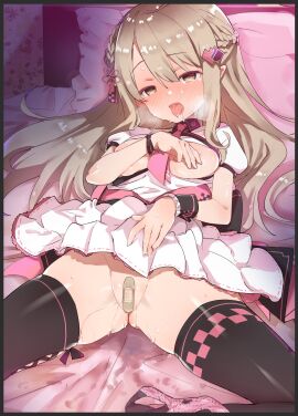 bandaid bandaid_on_pussy bed_sheet black_thighhighs blush braid breasts brown_eyes brown_hair caburi commission female hair_ornament highres indie_virtual_youtuber indoors kusunoki_shio long_hair looking_at_viewer lying on_back on_bed panties pillow pink_panties pointy_ears polka_dot polka_dot_panties pussy second-party_source skeb_commission solo sweat thighhighs underwear virtual_youtuber