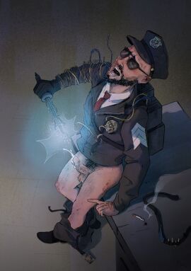 1boy burn_scar cigarette cum cumshot electric electric_shock electricity electrocution electrostimulation fabula fabula42 facial_hair gay human jacket leland_coyle male male_focus male_only male_solo masochism masochist masochistic_male medium_penis no_pants outlast outlast_trials pants pants_around_ankles pants_down pants_pulled_down penis pleasure_face police police_badge police_hat police_uniform policeman pubic_hair sadism scarred_face scars_on_body scars_on_face scars_on_legs scars_on_penis shocking_self solo_male sunglasses sunglasses_on_face tie torogao veins wires