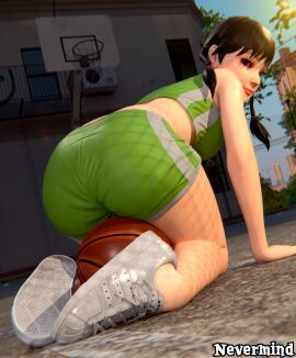 3d asian asian_female ball_(object) basket basketball basketball_court black_hair blender blender_(artwork) blender_(software) blender_cycles braid braided_hair female green_eyes guitar_hero japanese light-skinned_female light_skin looking_at_viewer makeup midori_(guitar_hero) nevermind_(artist) sitting_on_ball smiling_at_viewer sports_shorts sports_uniform sportswear tree trees white_shoes