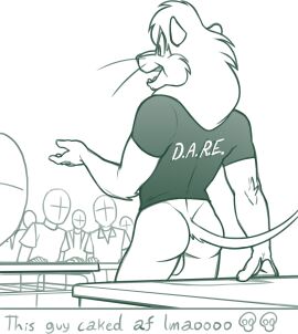 2024 5_fingers 7boys anon anthro anthro_focus arm_tuft ass bald balls bent_arm big_eyes biped black_and_white black_text bottomless bottomless_anthro bottomless_male cheek_tuft clothed clothed_human clothed_male clothing d.a.r.e. daren daren_the_lion dark_clothing dark_shirt dark_t-shirt dark_topwear desk digital_drawing_(artwork) digital_media_(artwork) elbow_tuft emoji english_text faceless facial_tuft fangs felid fingers fur fur_tuft furniture genitals group hi_res human humanoid_hands lion long_whiskers looking_at_another male male_only mammal mane monochrome multiple_boys multiple_males open_mouth open_smile pantherine polo_shirt prick_ears print_clothing print_shirt print_t-shirt print_topwear redout shirt shirt_only sitting skull_symbol slang smile snout solo_focus standing t-shirt t-shirt_only table tail teeth text text_on_clothing text_on_shirt text_on_t-shirt text_on_topwear three-quarter_view topwear topwear_only tuft whiskers