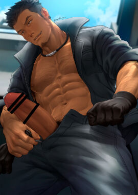 1boy abs arm_hair bara beard beefy big_breasts big_penis black_eyes black_hair breasts censor_bar censored censored_penis chest_hair clothed daddy dilf earrings erect_nipples erection gloves hi_res huge_cock jacket jacket_open looking_down male male_only mature_male middle_aged mondi_xxx morning muscles muscular muscular_arms muscular_male navel_hair necklace nipples open_mouth original original_character outdoors pants_down pecs penis pubic_hair range_(mondi_xxx) short_hair sideburns six_pack solo steam steamy_breath thick_eyebrows thick_neck thick_penis underwear_down unzipped veiny_penis very_high_resolution yaoi