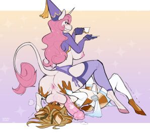 absurd_res anthro anus balls bodily_fluids breasts clothing container costume cup deer equid equine face_smothering facesitting futanari genitals hi_res horn intersex intersex/intersex laura_(soft_rain) mammal musk mythological_creature mythological_equine mythology nipples princess rosie_(roselynn_meadow) royalty sitting_on_another steam strayserval sweat trans_woman transfem unicorn