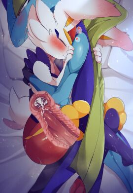 1boy 1girls anthro anthro_on_anthro anthro_penetrated anthro_penetrating anthro_penetrating_anthro blue_body blush bodily_fluids cinderace closed_eyes cum cum_in_pussy cum_in_uterus cum_inside duo ear_blush erection female female_penetrated fur generation_8_pokemon genital_fluids heart_symbol hi_res inteleon internal lying male male/female male_penetrating male_penetrating_female mammal nintendo on_side penetration penile penile_penetration penis penis_in_pussy pokemon pokemon_(species) prrrrrrmine pussy reptile scalie sex uterus vaginal_penetration white_body white_fur