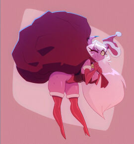 1girls bare_shoulders bare_thighs big_breasts bigdad blush breasts christmas christmas_hat christmas_outfit clothed clothing color demon female female_focus female_only helluva_boss hi_res large_breasts long_hair pink_body pink_eyes pink_hair pink_skin solo solo_female succubus succubus_horns sweat tagme thick_thighs verosika_mayday_(helluva_boss)