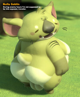 3d anthro arm_hair ass backsack balls ballsack belly big_ass big_butt body_hair closed_eyes digital_media_(artwork) english_text fur genitals goblin green_body green_fur hi_res looking_at_viewer looking_back looking_back_at_viewer male moobs naughtygoblinz overweight smile solo teapot_(body_type) text whiskers