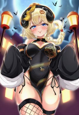 1girls animal_ears bare_shoulders blonde_hair blue_eyes blush breasts clothed clothing costume eyebrows_visible_through_hair female hair_ornament halloween halloween_costume holoforce hololive hololive_japan horns huge_breasts inokeiwd light-skinned_female light_skin outdoors sheep_ears sheep_girl sheep_horns solo tagme tsunomaki_watame virtual_youtuber