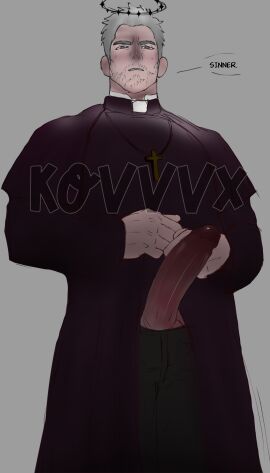 artist_request big_penis cloak cross daddy english_text gay huge_cock kovvvx looking_at_viewer male male_only penis priest serious_look sinner sketch text_bubble white_hair