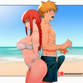 accurate_art_style ai_generated ass beach big_breasts chainsaw_man denji_(chainsaw_man) erection grandgoonart makima_(chainsaw_man) manga manga_page manga_style patreon