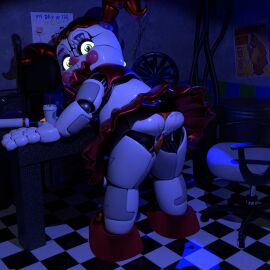 3d 3d_(artwork) accurate_model ass baby_(fnafsl) circus_baby circus_baby_(fnaf) circus_baby_(original) cum cum_on_ass cum_on_panties female five_nights_at_freddy's five_nights_at_freddy's:_sister_location footwear full_color fully_clothed glowing_eyes green_eyes no_penetration panties robot robot_girl robot_humanoid skirt solo solo_female striped_panties thighs twintails vesperisonline white_skin zxxxarts