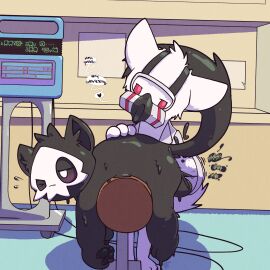 anal anal_sex argon_vile backsack balls ballsack black_body black_fur blush canid canine canis changed_(video_game) character_cipher cupboard doctor dr.k_(changed) dripping duo english_text eyewear fisting fur gas_mask genitals goggles goo_creature heart_symbol hi_res imp-print_text laboratory latex living_latex looking_pleasured lube male male/male mammal mask medical medical_examination medical_instrument medical_play one_eye_closed penetration prostate_exam puro_(changed) red_eyes scientific_instrument skull_mask speech_bubble text wet white_body white_fur wolf