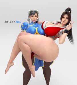2girls 3d 3d_(artwork) 3d_model antarxrigel artist_name big_ass big_breasts big_butt black_hair chun-li clothing fat_ass fat_butt fatal_fury female female_focus female_only fully_clothed fully_clothed_female huge_ass huge_breasts huge_butt king_of_fighters looking_at_viewer mai_shiranui street_fighter tagme thick_thighs tied_hair v_sign video_games