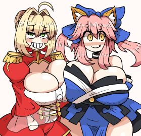 2d 2d_(artwork) 2d_artwork 2girls ahoge amber_eyes animal_ears bangs big_breasts blonde_hair boob_window breasts breasts_bigger_than_head breasts_pressed_against_another breasts_pressed_together choker cleavage cleavage_cutout cleavage_overflow cleavage_window clothed_female color colored cowlick doodle exposed_shoulders fate/extra fate_(series) female female_only funny_face green_eyes hair_ribbon huge_breasts human large_breasts licking_lips light-skinned_female light_skin looking_at_viewer massive_breasts nero_claudius_(fate) no_nude notnoe_(dxcl) outline overflowing_breasts pelvic_curtain pink_hair request smiling smiling_at_viewer symmetrical_docking tamamo_no_mae_(fate) teeth thick_thighs thighs tongue tongue_out twintails type-moon white_background wide_hips yellow_eyes