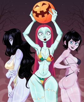3girls armpits ass bare_shoulders bikini black_hair black_lipstick blue_eyes bodysuit breasts female green_body hair_over_one_eye holding_object hotel_transylvania long_hair looking_at_viewer mavis_dracula pulling_panties red_hair red_lipstick sadako_yamamura sally_(the_nightmare_before_christmas) short_hair side_view stitches tagme the_nightmare_before_christmas the_ring thick_thighs vampire vampire_girl voluptuous wide_hips yamamura_sadako yolktooyellow