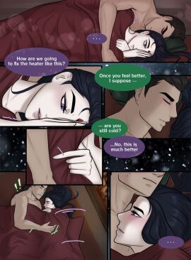 1boy 1girls andthendk.art batman_(series) blush body_heat damian_wayne dc dc_comics english_text female hugging hugging_from_behind light-skinned_female light_skin male male/female pale-skinned_female pale_skin purple_eyes rachel_roth raven_(dc) robin_(damian_wayne) robin_(dc) shirtless shirtless_male straight teen_titans topless under_covers