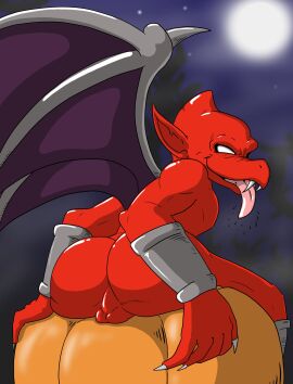 absurd_res anklet ass balls big_ass big_butt bracelet capcom demon demon's_crest digital_media_(artwork) empty_eyes fangs firebrand food fruit full_moon gargoyle gargoyle's_quest genitals ghosts_'n_goblins halloween hi_res holidays humanoid_pointy_ears jewelry macro710 male male_only membrane_(anatomy) membranous_wings moon night nude plant presenting presenting_hindquarters pumpkin rear_view red_arremer red_body sitting sitting_on_pumpkin smile star teeth thatweirdguy tongue tongue_out wings