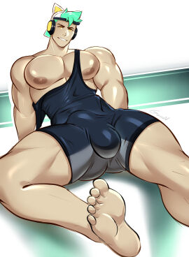 1boy arm_support backwards_baseball_cap balls balls_bulge baseball_cap big_bulge big_chest big_pecs black_mankini bulge cat_ear_headphones cocky feet feet_towards_viewer gasaiv green_hair headphones headphones_on_head holding_mankini legs_apart looking_at_viewer male male_only mankini mankini_ass_view muscular muscular_arms muscular_chest muscular_thighs naughty_face nipples original_character pecs penis penis_exposed_on_mankini penis_outline pov pov_eye_contact reclining sitting skin_tight smile smiling_at_viewer solo solo_male taking_off_mankini tight_clothing wrestling_outfit wrestling_singlet