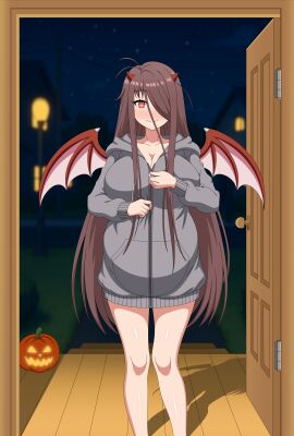 atri blush brown_hair demon_horns demon_wings doorway female halloween halloween_costume hoodie large_breasts long_hair looking_at_viewer mia_(atri) night original pregnant red_eyes undressing
