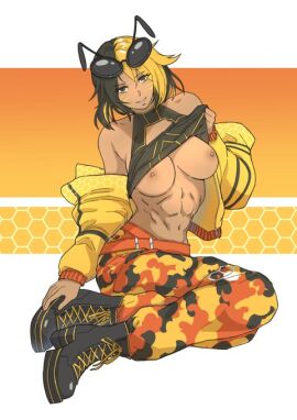 abs avispa_nectarinia black_hair breasts breasts_out breasts_out_of_clothes face_markings female large_breast large_breasts looking_at_viewer midriff pulling_clothing shoulders sitting sitting_on_floor tomboy two-tone_hair undressing yellow_hair