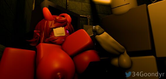 1boy 1girls 34goondyr 3d abs big_breasts breasts caught demon demon_girl dim_lighting faceless_male female male penis precum_drip purple_eyes red_body red_hair roblox robloxian shocked surprised tagme throbbing_penis topless_female