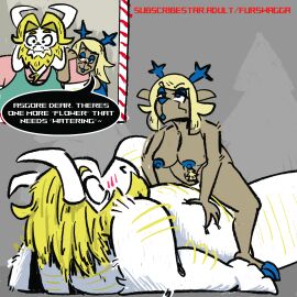 animated anthro asgore_dreemurr asgore_dreemurr_(deltarune) beard blonde_hair blue_nipples blush blush_lines body_hair bovid caprine carol_holiday clothed clothing cowgirl_position deer deltarune deltarune_chapter_4 dialogue dominant dominant_female duo facial_hair female from_front_position furswagga goat hair horn live2d male male/female mammal mature_female mature_male monster new_world_deer nipples nude on_bottom on_top pubes reindeer sex simple_background undertale_(series)