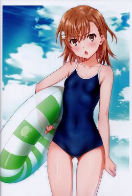 1girls 2020s 2022 absurd_res ass_visible_through_thighs bare_shoulders blue_sky blush breasts brown_eyes brown_hair cloud cloudy_sky collarbone competition_swimsuit covered_navel day female gekota gluteal_fold hair_ornament hi_res holding innertube isshi_pyuma looking_at_viewer matching_hair/eyes misaka_mikoto one-piece_swimsuit open_mouth outdoors scan short_hair sky small_breasts solo standing swim_ring swimsuit teenage_female teenager thighs to_aru_kagaku_no_railgun to_aru_majutsu_no_index young