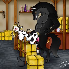 anthro black_fur bovine breasts canid canine canis cattle female knot levrette male penetration penis sex size_difference wolf