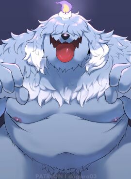 2024 anthro barely_visible_genitalia barely_visible_penis belly candle fire fur generation_9_pokemon genitals greavard grin halloween hi_res holidays humanoid_genitalia humanoid_penis male male_focus male_only moobs navel nintendo o-ro overweight overweight_male penis pokemon pokemon_(species) smile solo thick_thighs tongue tongue_out white_body white_fur