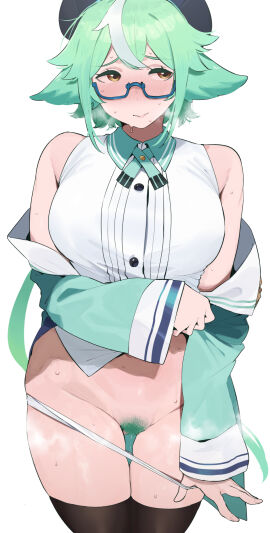 animal_ears ass_visible_through_thighs averting_eyes black_thighhighs blush breasts female female_pubic_hair genshin_impact glasses green_hair hair_between_eyes highres jacket kemonomimi large_breasts long_hair looking_at_viewer low_ponytail multicolored_hair off_shoulder okpriko panties panty_pull pubic_hair pulling_own_clothes pussy pussy_juice semi-rimless_eyewear shirt sleeveless sleeveless_shirt solo streaked_hair sucrose_(genshin_impact) thigh_gap thighhighs underwear very_long_hair white_background white_hair white_panties white_shirt yellow_eyes