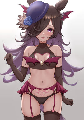1girl 1girls absurdres alternate_costume animal_ears black_gloves blue_flower blush blush_lines bra breasts brown-haired_female brown_hair brown_hair_female cameltoe clothing_cutout costume cowboy_shot demon demon_wings elbow_gloves embarrassed female female_only flower garter_belt gloves hair_over_one_eye hat hat_flower head_wings heart_cutout highres horse_ears horse_girl horse_tail kemonomimi lingerie long_hair looking_at_viewer navel panties pubic_tattoo purple-eyed_female purple_eyes purple_eyes_female revealing_clothes rice_shower_(umamusume) ririsu082 simple_background small_breasts sole_female solo succubus succubus_costume succubus_outfit succubus_tattoo sweat tail tattoo tilted_headwear umamusume wings