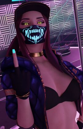 1girls 3d akali athletic athletic_female big_breasts black_sclera blender blue_nails bra breasts cap celebrity face_mask female female_only flipping_off flipping_viewer_off glowing_eyes glowing_nails jewelry k/da_akali k/da_series league_of_legends looking_at_viewer middle_finger posing solo yellow_eyes your_waifu