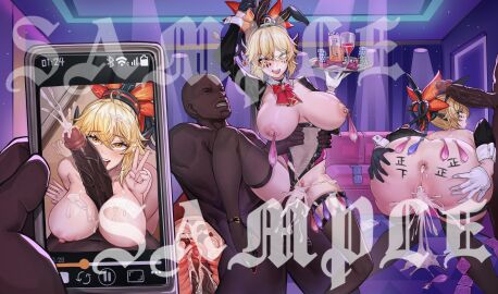 absurdres animal_ears anus ass barbell_piercing black_footwear black_gloves black_thighhighs blonde_hair blush body_writing breasts breasts_out cellphone clothing_aside condom condom_wrapper cum cum_in_ass cum_in_pussy cum_in_uterus cum_on_hair cup dark-skinned_male dark_skin dinomorphia_kentregina duel_monster ejaculation facial_mark fake_animal_ears fake_video female gloves half_gloves headgear high_heels highres holding holding_tray interracial large_breasts large_penis leotard leotard_aside leotard_pull male mug multiple_views nipple_bar nipple_piercing nipples paizuri penis phone piercing playboy_bunny poker_chip pussy rabbit_ears sample_watermark sex sex_from_behind smartphone straight tally thighhighs tongue tongue_out tray uncensored used_condom v watermark white_gloves yellow_eyes yu-gi-oh! yutou_yutou_yu