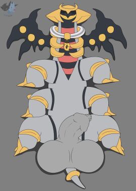 2024 6_legs absurd_res altered_forme_giratina artist_watermark balls big_balls closed_eyes feral foreskin generation_4_pokemon genitals giratina grey_body hi_res humanoid_genitalia humanoid_penis legendary_pokemon leskarmory lying lying_on_ground male male_only mouth_closed multi_leg multi_limb multicolored_body nintendo on_back on_ground penis pokemon pokemon_(species) presenting presenting_penis short_tail simple_background solo tail uncircumcised watermark wings