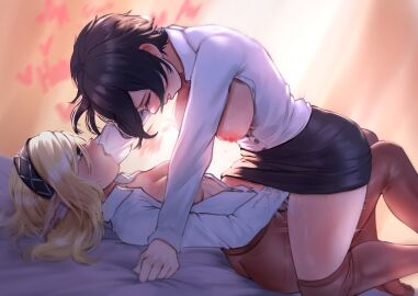 all_fours animal_ears ass breasts breasts_out clenched_teeth collared_shirt dress_shirt erochi female female_only fingering hand_under_clothes hand_under_skirt headband human looking_at_partner no_bra no_panties open_shirt pantyhose shirt short_hair skirt standing_over yuri