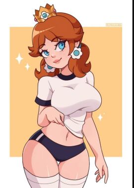 1girls :) alternate_breast_size big_breasts big_thighs blue_eyes blue_shorts breasts brown_hair buruma clothed clothing cowboy_shot cremanata crown cute earrings eyebrows_visible_through_hair female female_only freckles gym_uniform highres hourglass_figure human human_only large_breasts legwear lifting_shirt looking_at_viewer mario_(series) navel nintendo orange_hair panties princess_daisy shiny_skin shirt shirt_lift simple_background smile smiley_face solo sparkles standing super_mario_bros. tagme thick_thighs thigh_gap thigh_socks thighhighs thighs twintails white_border white_shirt zettai_ryouiki