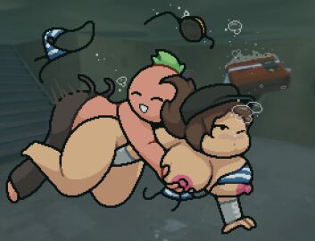 1boy1girl 1girls 2d 2fort ambiguous_penetration asphyxiation big_breasts bikini breasts brown_hair bubble bubbles drowning female femscout hand_between_legs happy happy_sex headphones holding_breath intel_(team_fortress_2) male pixel_art puffed_cheeks purple_blush scout_(team_fortress_2) squeezing_breast striped_bikini team_fortress_2 tomato tomato_(okami_tomato) underwater underwater_sex wardrobe_malfunction water zxtomatofan