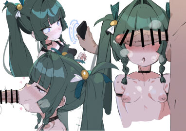1boy 1girls :>= absurdres arm_strap bar_censor big_penis big_penis_adoration black_choker black_tank_top blush braid breasts censored choker erection fellatio female green_hair heart heart-shaped_pupils highres holding holding_phone hypnosis large_penis long_hair male mind_control nipples nose_blush ocha_(popopogg) open_mouth oral penis penis_awe penis_on_face penis_over_eyes phone purple_eyes qingyi_(zenless_zone_zero) small_breasts solo_focus straight tank_top twin_braids twintails zenless_zone_zero