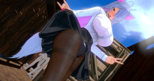 1girls 3d ass big_ass big_breasts big_thighs breasts cat_ears cat_girl cat_tail catgirl deluxe_rosie eyes_visible_through_hair female female_only fully_clothed indie_virtual_youtuber lingerie long_sleeves looking_at_viewer multicolored_hair naughty_face open_mouth outdoors panties pantyhose peace_sign pink_nails rosie_(vtuber) school_uniform skirt skirt_lift suggestive tan-skinned_female tan_body tan_skin virtual_youtuber