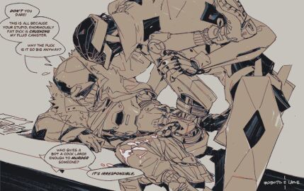 2boys anal cheats_(sarah_stone) criticality_(sarah_stone) cum ejaculation erection eye_contact fur-trimmed_jacket fur_trim gay hand_on_ground height_difference holding_another's_leg humanoid_robot jacket large_penis leaning_forward leg_lift looking_at_another lying m_legs male male_focus monochrome multiple_boys multiple_males on_side penis robot robot_only robots_&_lace robots_and_lace robotsinlace sarah_stone sex speech_bubble spread_legs standing talking yaoi