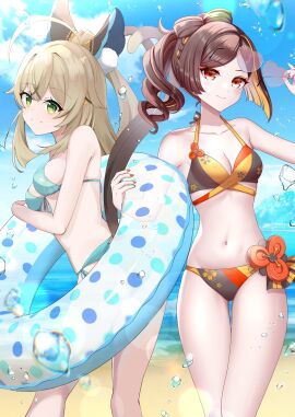 2d 2d_(artwork) 2girls alternate_costume animal_tail beach bikini bikini_bottom bikini_top blonde_hair bra breasts brown_hair cat_tail chiori_(genshin_impact) clouds day female female_focus female_only front_view genshin_impact green_eyes high_resolution highres hoyoverse kirara_(genshin_impact) light-skinned_female light_skin long_hair looking_at_viewer medium_hair mihoyo multiple_females multiple_girls ocean outdoors revealing_swimsuit sky slim_female small_breasts standing summer swimsuit tateko25wiz thong thong_bikini two-tone_hair two_piece_swimsuit water yellow_hair young younger_female