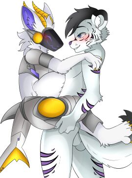 absurd_res anthro balls blush bodily_fluids carrying_another carrying_partner carrying_position cum cum_inside duo felid fur genital_fluids genitals hair hi_res inflated_belly inflation kisaki_arts machine male male/male mammal nude oxidiser pantherine penetration protogen sex standing standing_sex stripes tail takoda_(tundratig) tiger white_body