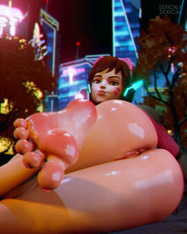 1girls 3d ass barefoot big_ass d.va d.va_(overwatch_2_suit) feet female female_only foot_fetish oiled oily_feet overwatch overwatch_2 sexical soles solo toes toes_scrunch