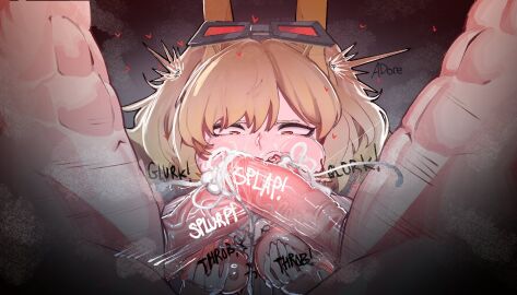 1girls 2boys adore_nice alternate_version_available balls balls_fondling balls_grab burnice_white cum cum_in_mouth cum_on_face dicks_touching double_barrel_blowjob double_fellatio english_text eyewear_on_head fellatio female human looking_at_penis male male/female male_pov oral penis text zenless_zone_zero