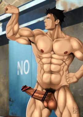 abs balls bar_censor bara blue_eyes brown_hair censored chest male male_pubic_hair muscles nipples penis pubic_hair solo testicles yaoi