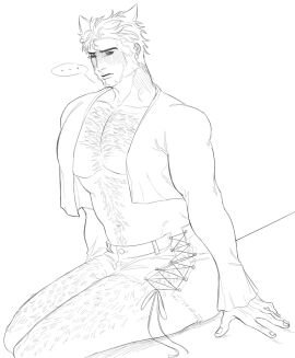 1boy blush chest_hair cross-laced_clothes crossdressing double_d8595 hairy hay large_pectorals leg_hair male male_only marvel marvel_comics monochrome revealing_clothes sitting solo wolverine_(x-men) x-men