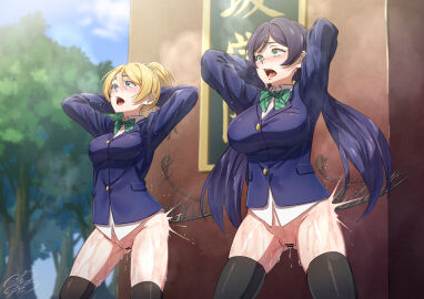 2girls ajula_wachula arms_behind_head ayase_eli bar_censor black_thighhighs blonde_hair blue_eyes blue_jacket blush bondage bottomless bow bowtie breasts censored collared_shirt commentary_request commission diagonal-striped_bow diagonal-striped_bowtie diagonal-striped_clothes exhibitionism female furrowed_brow green_bow green_bowtie green_eyes highres jacket large_breasts long_sleeves love_live! love_live!_school_idol_project medium_hair motion_lines multiple_females multiple_girls open_mouth otonokizaka_school_uniform outdoors ponytail public public_indecency purple_hair pussy pussy_juice pussy_juice_drip riding_crop school_uniform shirt signature skeb_commission spanking standing steam striped_clothes sweat tearing_up thighhighs toujou_nozomi twintails white_shirt winter_uniform