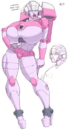 1girls 2d 2d_(artwork) arcee arcee_(g1) autobot big_breasts big_lips bimbo blue_eyes breasts built-in_high_heels busty cybertronian dialogue english_text female female_only giant_breasts gideon hand_on_hip hasbro heeled_feet high_heels huge_breasts lips platform_heels robot robot_girl solo standing text thick_lips thick_thighs transformers white_background