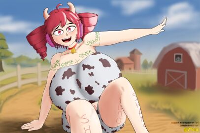 1girls 2d 2d_(artwork) ahoge bell big_breasts blush blush_lines body_writing breasts breasts_bigger_than_head breasts_bigger_than_torso breasts_focus clothed clothed_female clothing collar cow_girl cow_horns cow_print cow_print_lingerie cowbell curvaceous curvy curvy_female curvy_figure enormous_breasts fat_breasts female female_focus female_only fully_clothed gigantic_breasts headgear horns huge_breasts hyper hyper_breasts kasane_teto large_breasts massive_breasts open_mouth outdoors red_eyes red_hair sitting sitting_on_ground solo solo_female thick_thighs thighs top_heavy twin_drills utau voluptuous voluptuous_female vtcric