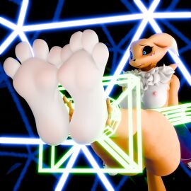 3d 4_toes anthro bandai_namco black_sclera blush body_blush bondage bound breasts canid canine digimon digimon_(species) digital_media_(artwork) ears_down energy_bindings feet female foot_blush foot_focus fox hi_res hindpaw mammal neck_tuft nipples nude paws pivoted_ears renamon soles solo thick_thighs toes tuft twintails3d