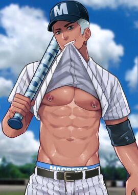 1boy abs baseball baseball_bat baseball_cap baseball_uniform belt cocky exposing_self grey_hair head_tilt looking_at_viewer looking_down looking_down_at_viewer male male_only maorenc muscular nipple_piercing nipples original_character outside pecs piercing presenting seductive shirt_in_mouth shirt_lift smile smiling_at_viewer smirk smirking_at_viewer smug solo solo_male standing