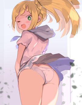 1girls ass ass_focus blonde_hair blush bow_panties braid clothes_lift creatures_(company) cute embarrassed female female_only game_freak green_eyes lillie_(pokemon) long_hair miniskirt nintendo panties panty_pull pantyshot pokemon pokemon_(anime) pokemon_(game) pokemon_sm pokemon_trainer pokemon_usm ponytail shirt short_sleeves simple_background skirt skirt_lift skirt_up solo spring2013 tears underwear upskirt white_panties white_shirt white_skirt wink